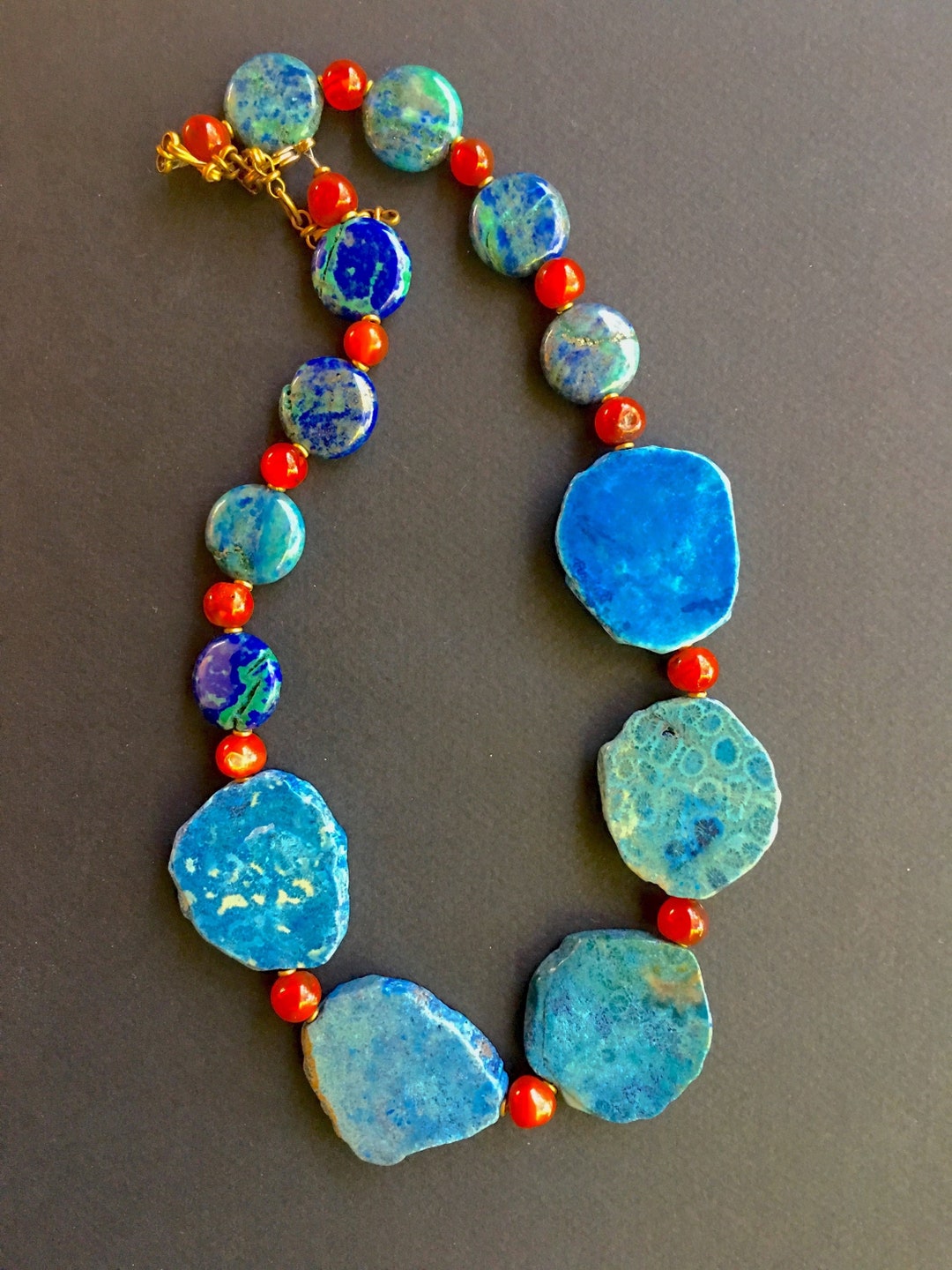 SALE Blue Fossil Coral Necklace Dyed Blue Fossilized Stone Slices W