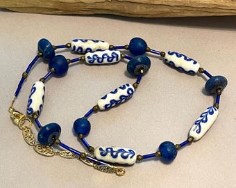 Java Blue Necklace Rustic Glass Beads Boho Jewelry