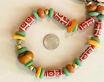 Orange and Green Trade Bead Necklace w Copal Focal Vintage African Glass Beads Kenya Bone and Green Java Glass Beads  Ethnic Boho Jewelry