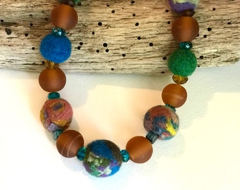 African Glass and Felt Ball Necklace Glowing Golden Brown Recycled glass Beads w Marbled Needle Felt Beads Colorful Fiber Jewelry