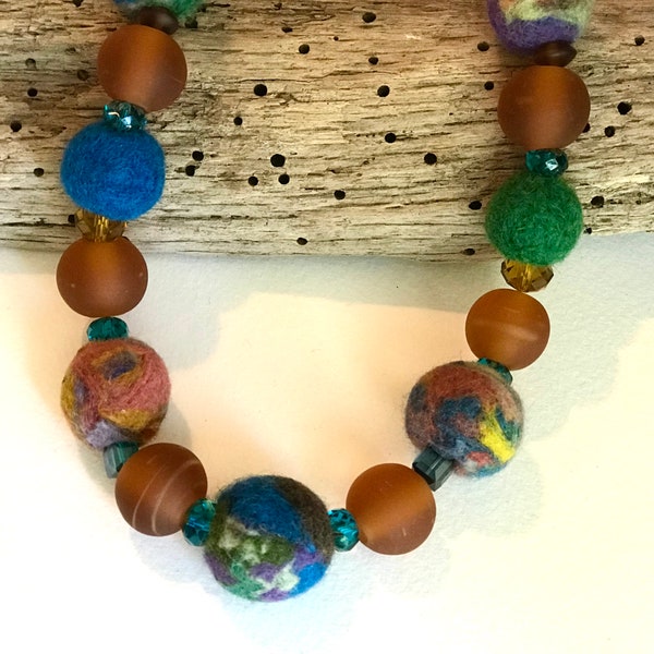 African Glass and Felt Ball Necklace Glowing Golden Brown Recycled glass Beads w Marbled Needle Felt Beads Colorful Fiber Jewelry