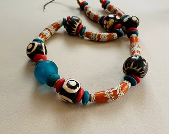 Red Blue and Brown African Glass Necklace Batik Bone Turquoise Bicone and Red and White Feather Glass Beads Colorful Ethnic Boho Jewelry