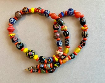 Orange Red and Black Java Glass Necklace Small Very Colorful Venetian Style Beads Hand Made by Javanese Artisans Ethnic Boho Jewelry