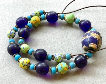 Deep Blue and Lime Trade Bead Necklace Gorgeous Old Bohemian Beads Boho Jewelry