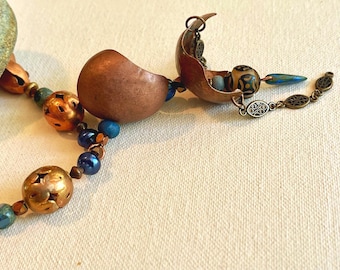 Long Copper Pendant Necklace with Blue Glass and Copper Beads, Boho Jewelry