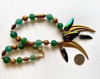 Jungle Petal Necklace Green Glass Iridescent Beetle Wings and Brass Leaf Dangles 23"