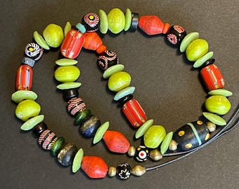 Green and Red Java Glass Necklace with Vintage Chevrons Colorful Boho Jewelry
