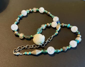 Carved Lotus Necklace w Cracked Quartz Roman Glass Boho Jewelry
