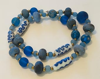 Blue on Blue Necklace Rustic Java Glass Beads Boho Jewelry