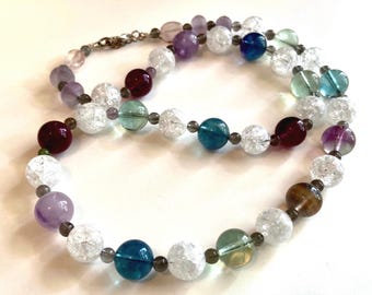 Rainbow Fluorite Necklace Blues and Purples with Cracked Crystal Quartz and Grey Moonstones Gemstone Jewelry