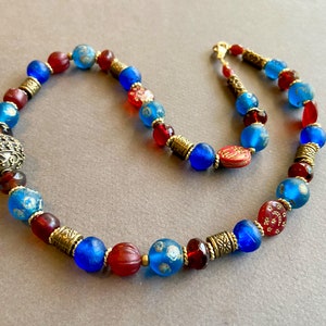 Java Blue and Czech Red Necklace w Blue Glass Beads from Indonesian and Africa w Czech Deep Red Glass Brass Accents Ethnic Boho Jewelry