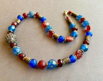 Java Blue and Czech Red Necklace w Blue Glass Beads from Indonesian and Africa w Czech Deep Red Glass Brass Accents Ethnic Boho Jewelry