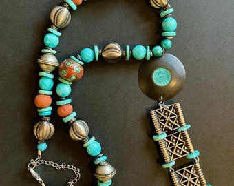 Turquoise and Amazonite  Necklace w Vintage Afghan Silver and Old Red Glass Gemstone Jewelry