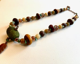 Earthy Brown and Green Necklace w Dyed Green Silk Cocoon Copal Discs Bodhi Seed Beads Turquoise and Copper Fall Colors Ethnic Boho Jewelry