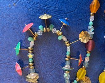 Parasol Necklace Hand Painted Brass Umbrella Charms with Frosted Glass Beads Unique Boho Jewelry