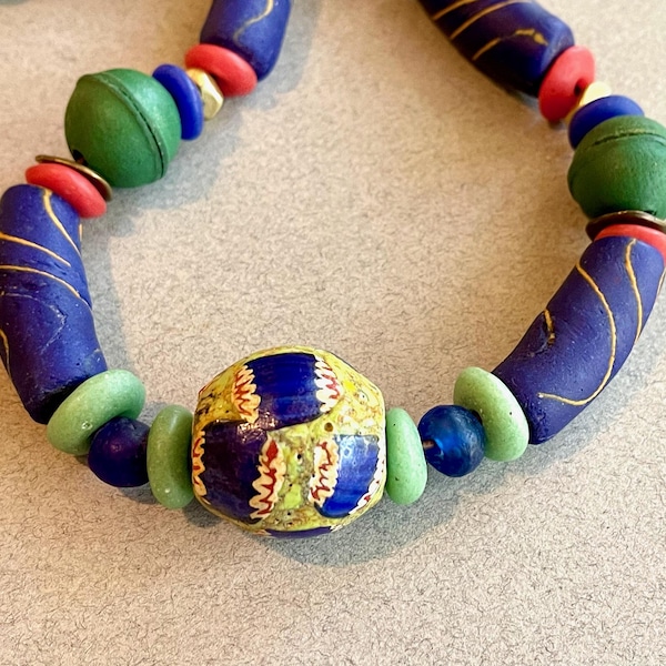 Krobo Chevron and Lime Trade Bead Necklace Large Chevron Focal with Lime Green and Blue Powder Glass Beads African Jewelry