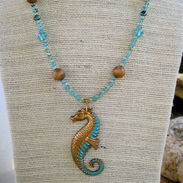 RESERVED SALE Patina Brass Seahorse Necklace with Aqua Czech and Indonesian Glass and Vintage Brass Beads  Ocean Jewelry