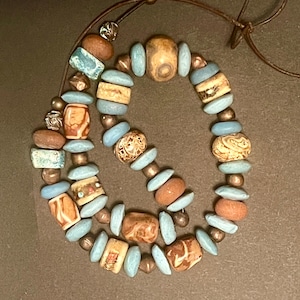 Tibetan Agate and African Blues Necklace with Tibetan Bone Rustic Boho Jewelry