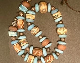 Tibetan Agate and African Blues Necklace with Tibetan Bone Rustic Boho Jewelry