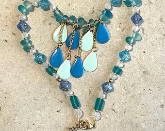 Shades of Blue Rain Drop Necklace Glass Beads and Enamel Teardrops Boho Jewelry