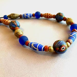 Java Glass Necklace Ancient Jatim Style Blue and Orange Feather Glass Beads Boho Jewelry