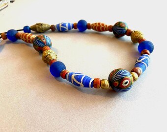 Java Glass Necklace Ancient Jatim Style Blue and Orange Feather Glass Beads Boho Jewelry