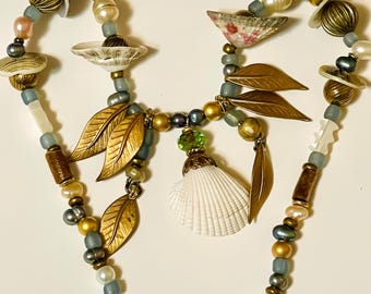 Seashells Necklace w Limpets Pearls and Gold Coral Ocean Beach Jewelry