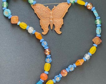 Butterfly Necklace Detailed Brass Pendant w Blue Czech Flowers Vintage Frosted Glass Boho Jewelry