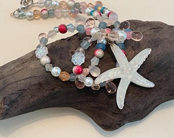 Sea Star Pendant Necklace Iridescent Pendant w Dainty Czech Glass Beach Jewelry