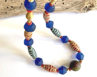 Feather Glass Necklace with Reproduction Jatim Beads  Boho Jewelry