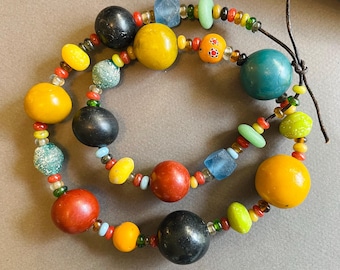 Recycled Cassette Bead Necklace Large Colorful Beads w Java Glass on Leather Cord Ethnic Boho Jewelry