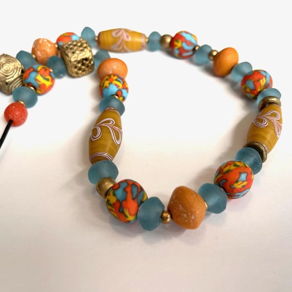 Reserved4L Colorful Javanese and African Necklace Yellow Feather Glass Frosted Blue Glass Saucers Orange Blue Recycled Glass Boho Jewelry