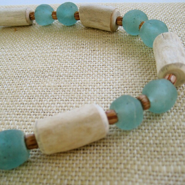Aqua Glass and Driftwood Necklace with Ghana Recycled Glass and Palm Wood 22" Eco Friendly Beach Jewelry