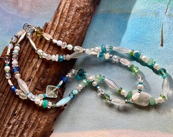 Sea Blue Necklaces Two Strands with Glass and Stone Beads Ocean Jewelry