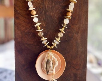 Sliced Pink Shell Necklace w Carved Black Lip Spear and Quartz Ocean Jewelry