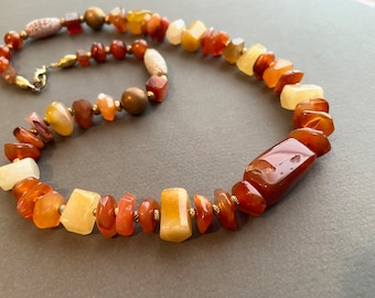 Mixed Up Carnelians Necklace Vintage and New Faceted and Smooth Round Flat and Cube Carnelian and Yellow Jasper Gemstone Jewelry