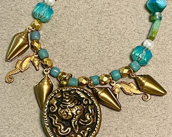 Brass Seashell Necklace Tibetan Pendant with Aqua Czech Glass Boho Jewelry