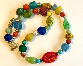 Rainbow Glass Necklace Java and Vintage Foil Glass Fun Colorful Boho Jewelry