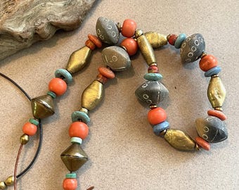 Mali Clay Spindle Beads Necklace with Nigerian Brass Boho Jewelry