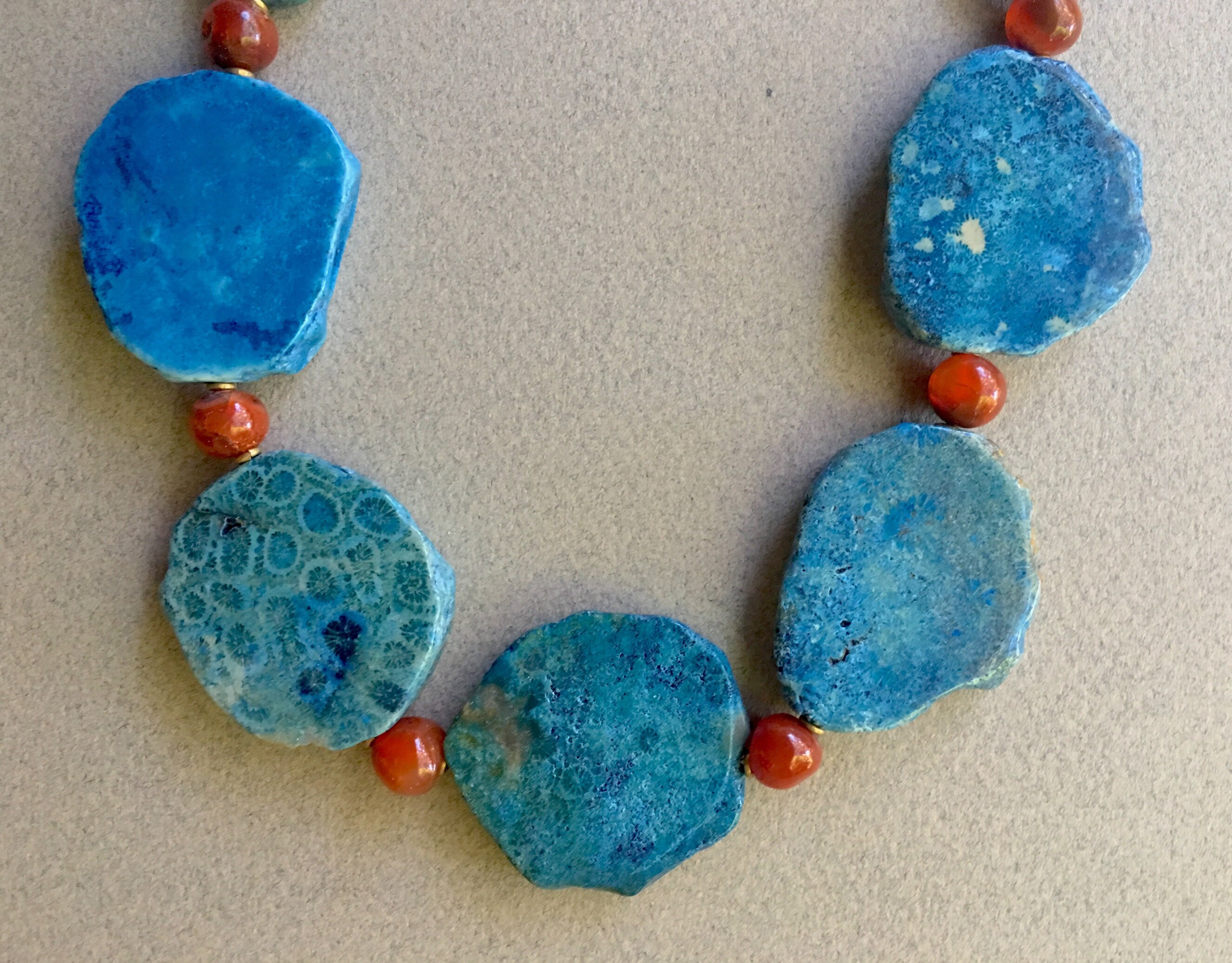 SALE Blue Fossil Coral Necklace Dyed Blue Fossilized Stone Slices W