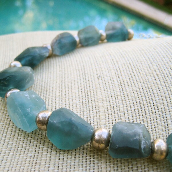 Blue Fluorite Necklace with Hand Cut Blue Green Nuggets with African Silver on Silver Chain Gemstone Jewelry