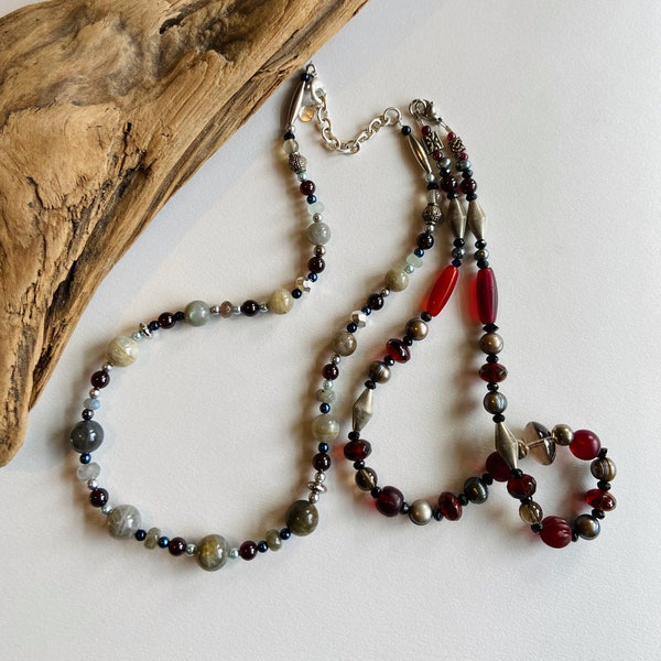 Deep Red and Gray Necklace one or Two You Choose Labradorite and Garnet or Crimson Glass and Silver Pearls Valentine Jewelry