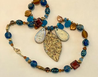 Copper Leaf Necklace Hand Painted Pendant w Blue Glass Beads Boho Jewelry