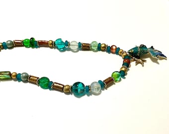 Green Enamel Fish Necklace with Green Glass and Gold Coral