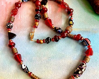 Red Loves Black Necklace w Czech and Java Glass Beads Brass Accents Boho Jewelry