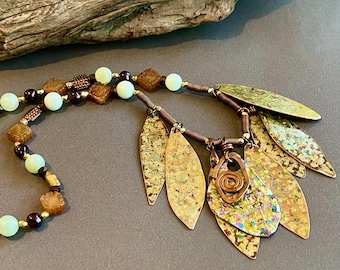 Copper Leaves Necklace Large Hand Cut and Painted Leaf Pendants with Vintage Glass Pearls