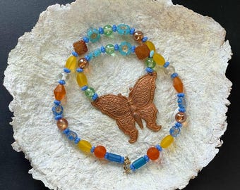 Butterfly Necklace Detailed Brass Pendant w Blue Czech Flowers Vintage Frosted Glass Boho Jewelry