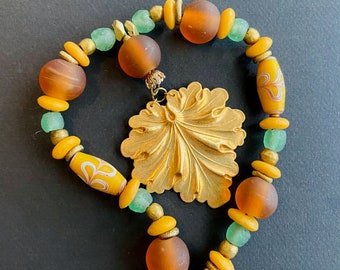 Yellow and Green Necklace w Brass Oak Leaf dangles African Large Butterscotch Warm Yellow and Small Sea Green Glass Beads Boho Jewelry