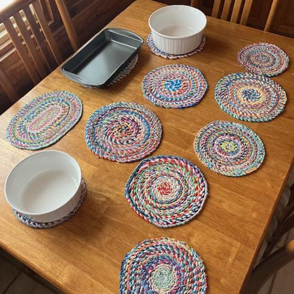 kitchen hot pad trivets made from coiled fabric rope