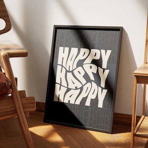 Happy Typography Print, Navy Blue Wall Art, Retro Poster, Aesthetic Room Decor, Trendy Wall Art, Apartment Decor